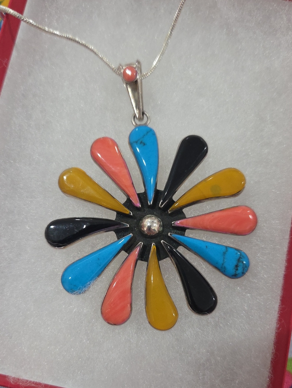 Multicolor Teardrop Flower Pendant Necklace - Coral, Turquoise, Yellow, Black